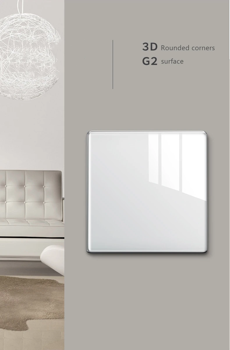 Beliebte ultradünne gebogene Oberfläche 250 V/10 A 1/2/3/4 Gang 86 x 86 mm klassische weiße Spiegel-Wandschalter-Serie aus gehärtetem Glas – Detail 6
