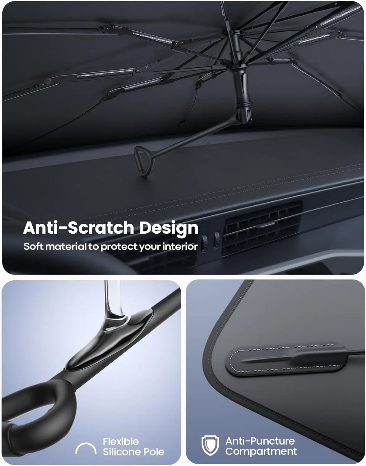 مظلة للزجاج الأمامي للسيارة - كتلة UV مكونة من 5 طبقات، إطار من الألياف الزجاجية مكون من 10 أضلاع للعزل الحراري، ونافذة أمامية مقاس 64 بوصة × 34 بوصة داخلية #4