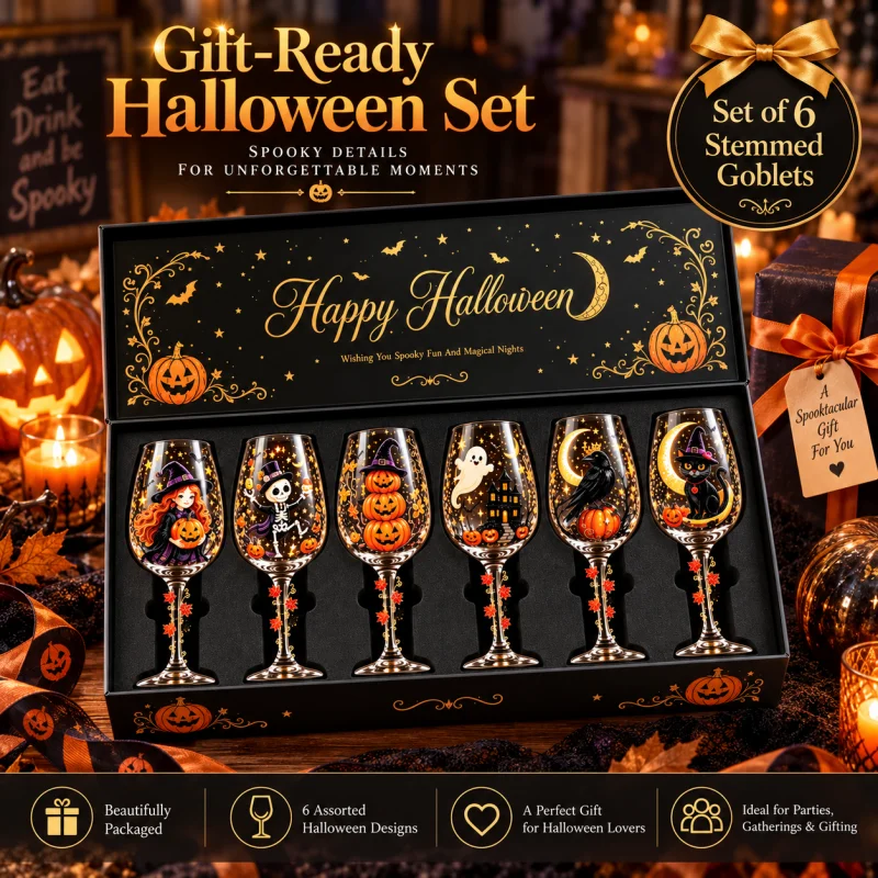 Halloween Wine Glass Sticker Design Witch Pumpkin Ghost Black Cat Stemmed Goblet Spooky Party Drinkware Holiday Decor