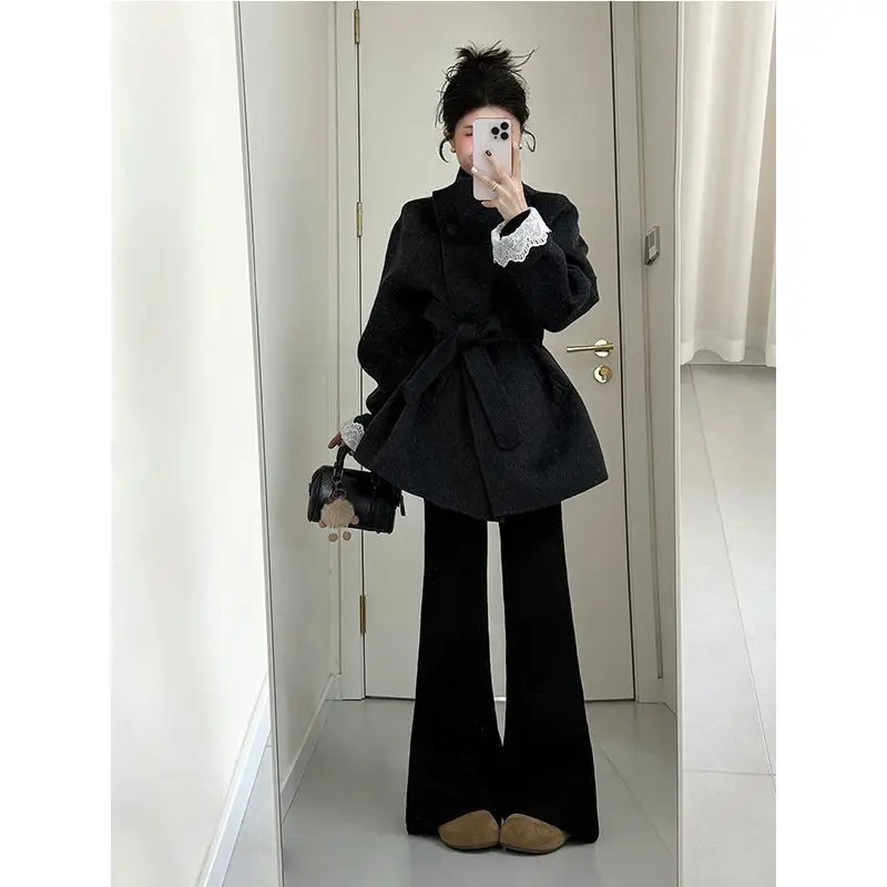 

Korean Style Woolen Coat Women's Hepburn Feel Small Size Fashionable Mid-Length A- Line Long Sleeve Patchwork Winter Jacket