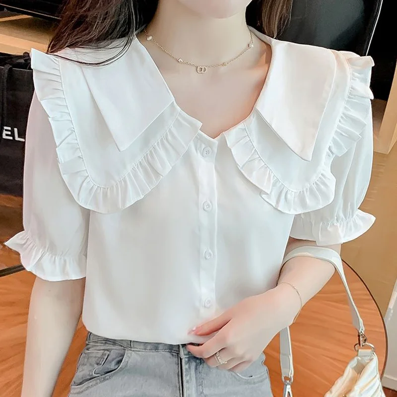 Sweet Solid Color Youth Blouse Summer New Short Sleeve Button All-match Loose Korean Shirt Tops Fashion Elegant Women Clothing