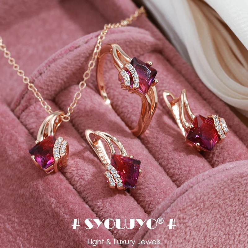 SYOUJYO Vintage Garnet Red Natural Zircon Jewelry Sets 585 Rose Gold Color Fashion Dress Collocation Necklace Earrings Ring Gift