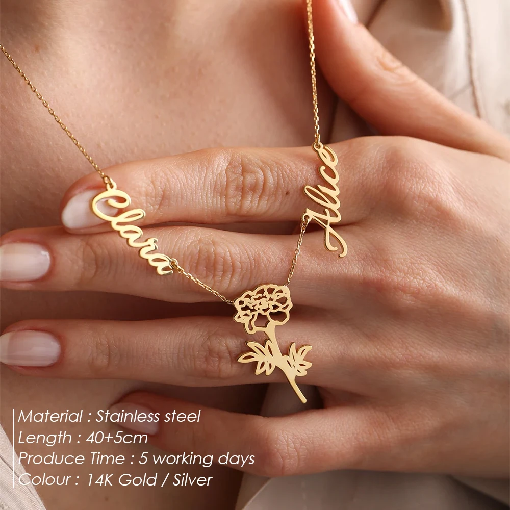 EMANCO Personalized Multiple Names Necklace, Stainless Steel Botanical Flower Pendant, Custom Initial & Name Chain Jewelry
