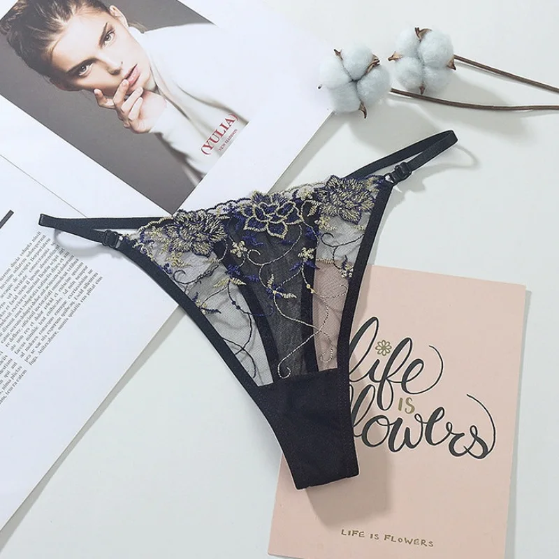 Mulheres bordadas sexy lingerie oco malha fina cinta g-string cintura baixa sexy sem costura tangas feminino algodão virilha calcinha