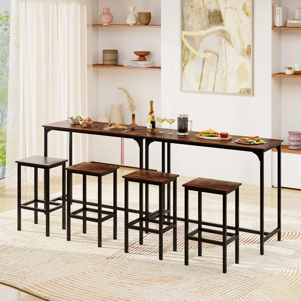 Set Meja Pub Tinggi Bentuk Persegi Panjang dengan 2 Bangku, Rangka Logam, untuk Ruang Sempit