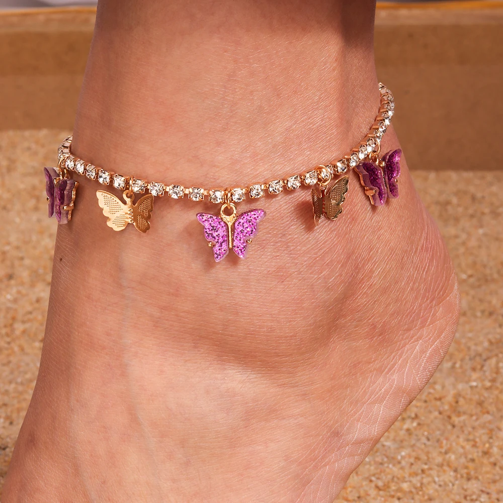 Aihua Modische Kristall-Tenniskette mit Schmetterling-Anhänger für Damen, Barfußkette für Fuß und Knöchel, Armband, Strand-Schmuck, Geschenke – Detail 3