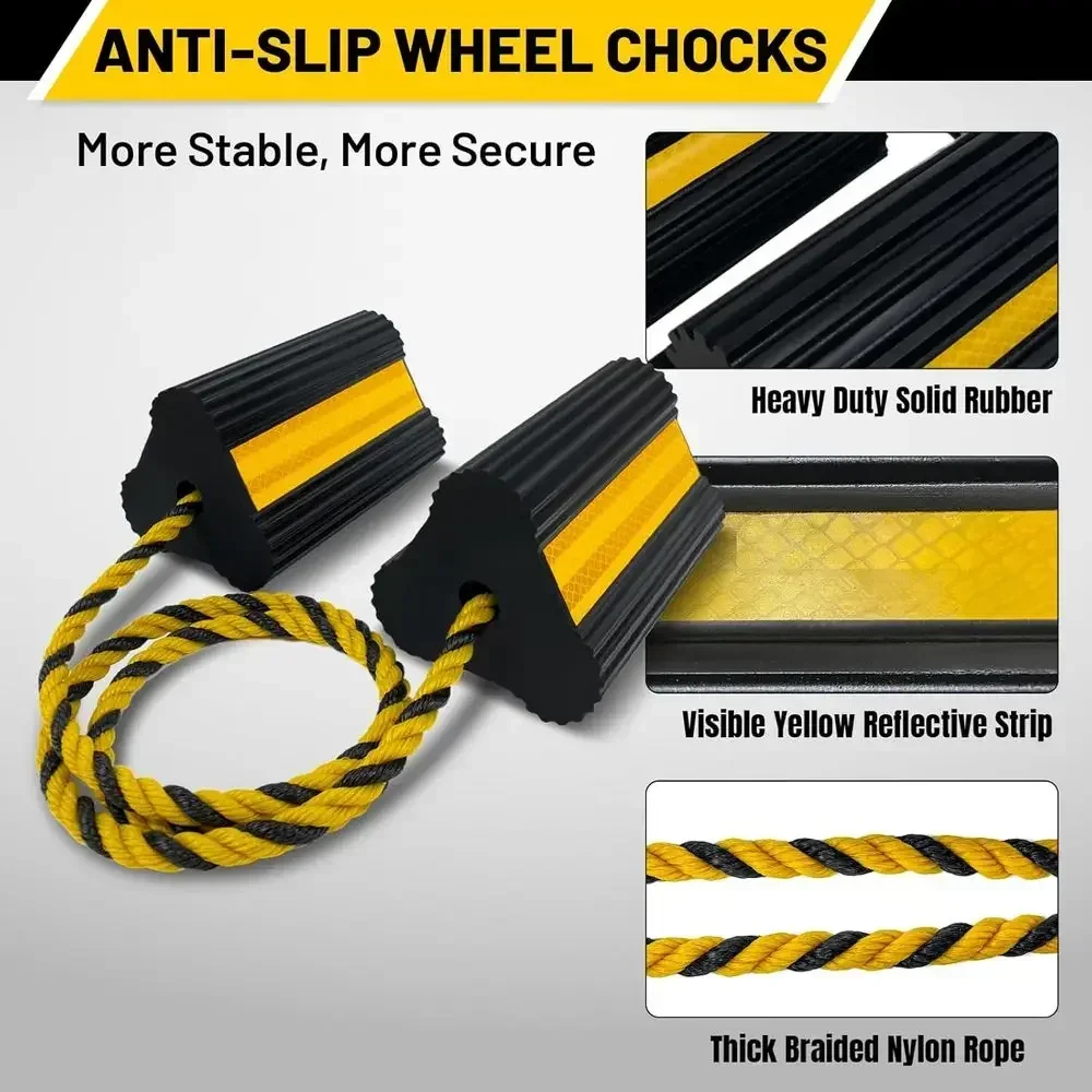 Wheel Chocks (2pair/4pack with Rope) for RV Trailer Camper Truck Car Aircraft, Versatile Heavy Duty Rubber Wheel Chocks Block wi view 3