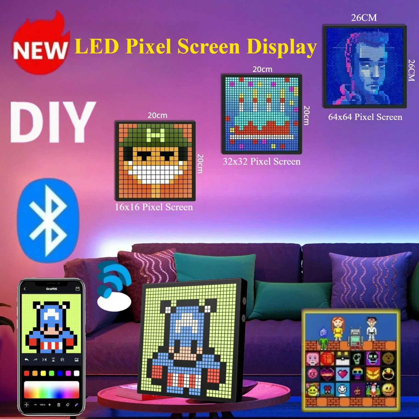 

Светодиодный матричный пиксельный дисплей RGB DIY граффити Bluetooth управление через приложение художественный дисплей для декора игровой комнаты крутая анимационная рамка