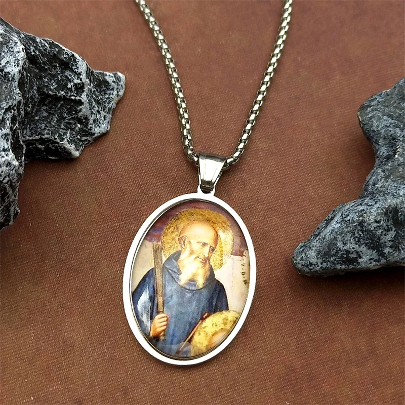 سانت بنديكت البيضاوي ميدالية قلادة قلادة للنساء الرجال الفولاذ المقاوم للصدأ الذهب اللون الكاثوليكية سان بينيتو تميمة مجوهرات هدية