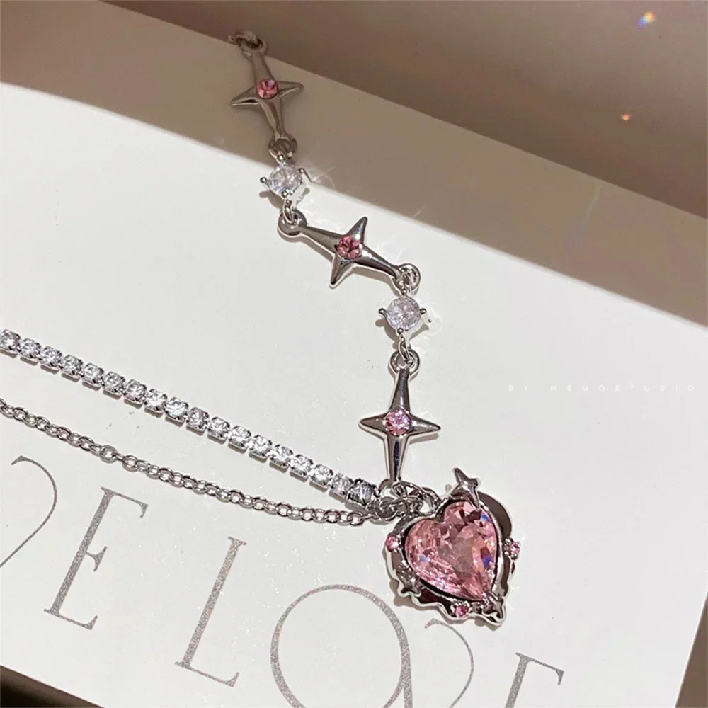 SUMENG Y2K Crystal Heart Pendant Necklace Sweet Cool Girl Punk Shiny Clavicle Chain for Women  Fashion Jewelry Gifts 2024