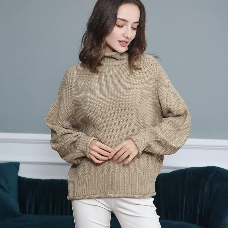 

Women Knit Sweaters Full Sleeve Turtleneck Pullover Jumpers Casual Solid Sweater Thick Splice Lady Vintage Winter 2024