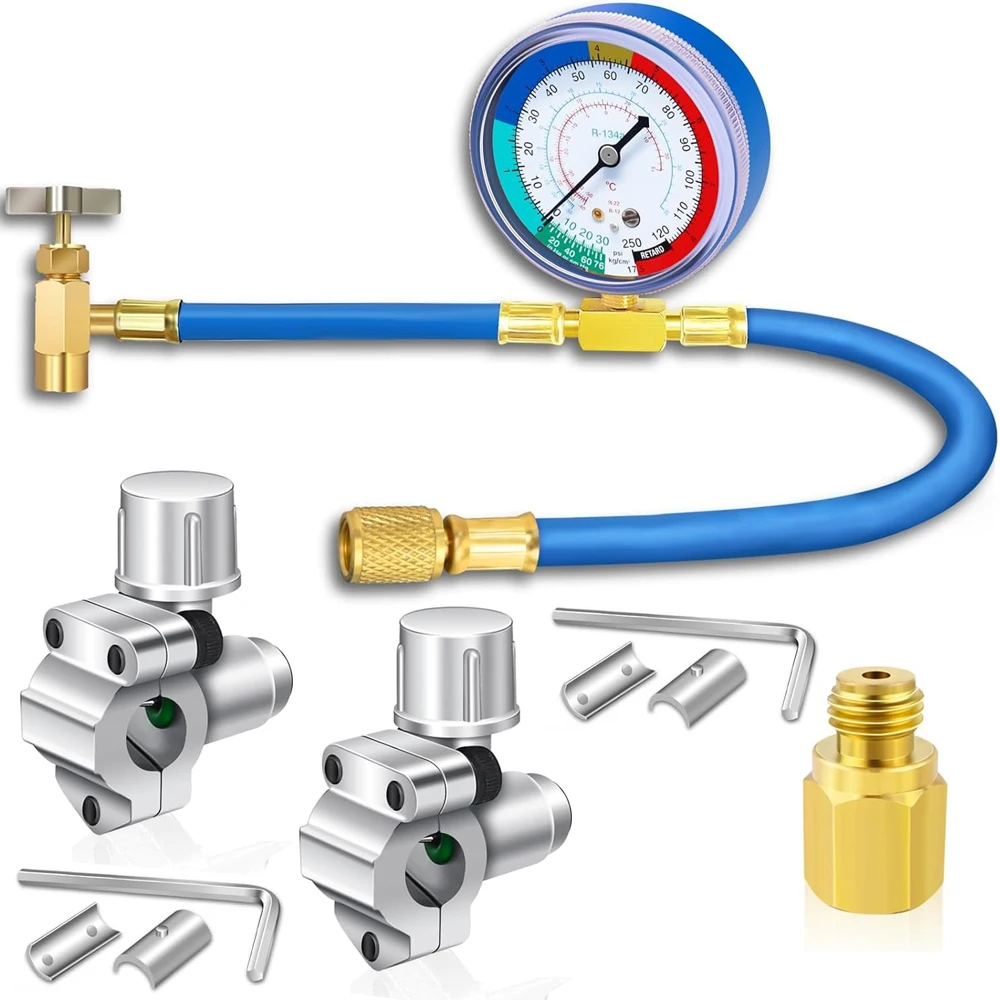 R134A AC Refrigerant Charging Hose Gauge, BPV31 Bullet Piercing Valve Hose Refrigerant Can Tap, R134a Self-Sealing Adapter