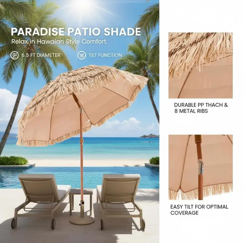 Hula Parasol 6.5 ft For Beach Patio Poolside, Push Button Tilt 8 Metal Ribs PP Thatch Hawaiian Style Outdoor Sunshade Canopy