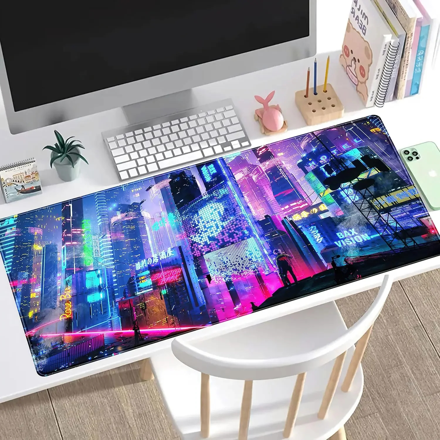 Japanese Street Desk Mat Futuristic Neon City Print Mouse Pad Exclusive glide pad Office Decor for Women Keyboard  Laptop