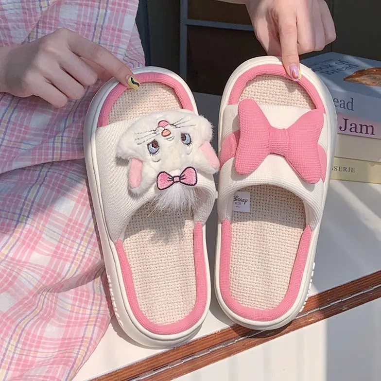 

Cute Cartoon kitty soft Flax slippers women's summer bedroom bath non-slip thick sole animal cat pink leisure home shoes