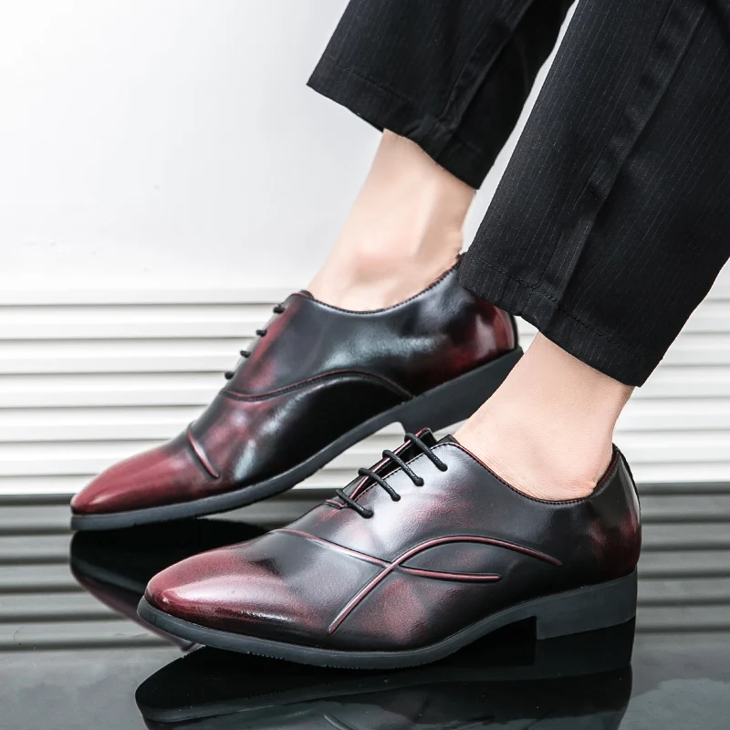 New Men's Pointed Mixed Patchwork Lace Up Patent Leather Dress Casual Shoes Wedding Dress Homecoming Footwear Zapatos Hombre