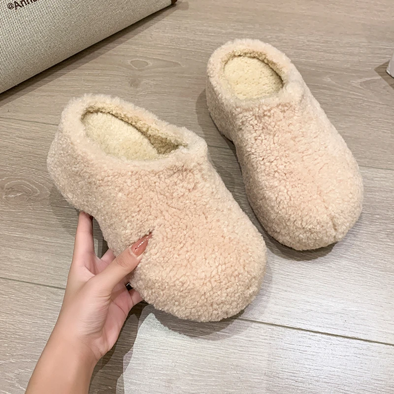 Женские хлопковые тапочки на высоком каблуке, модные теплые сабо на меху, короткие плюшевые зимние ботинки на платформе, 2021, дизайнерские зимние сапоги Mujer