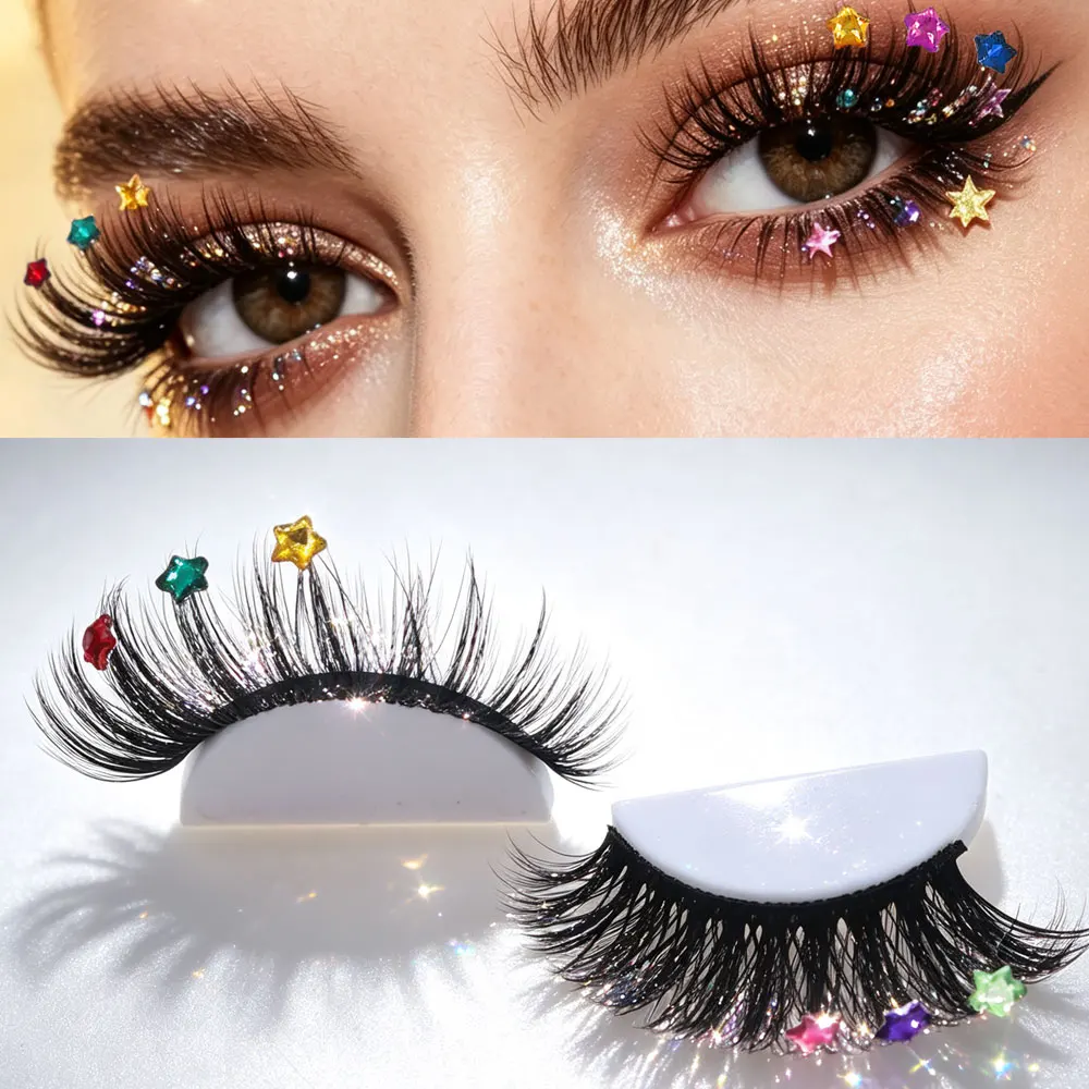 3D Wispy False Eyelashes With Colorful Rhinestone Crystal Diamond, Fluffy Cross Faux Mink Strip Lashes Shiny Heart Square Gem De