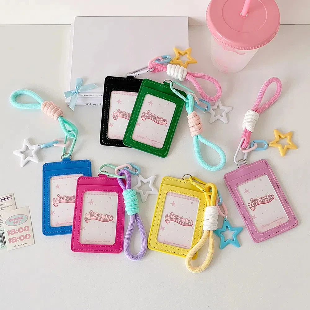 

ID Card Protective Leather Bus Card Cover Credit Card Star Pendant Korean Photocard Holder Keyring Key Chain ID Card Holders