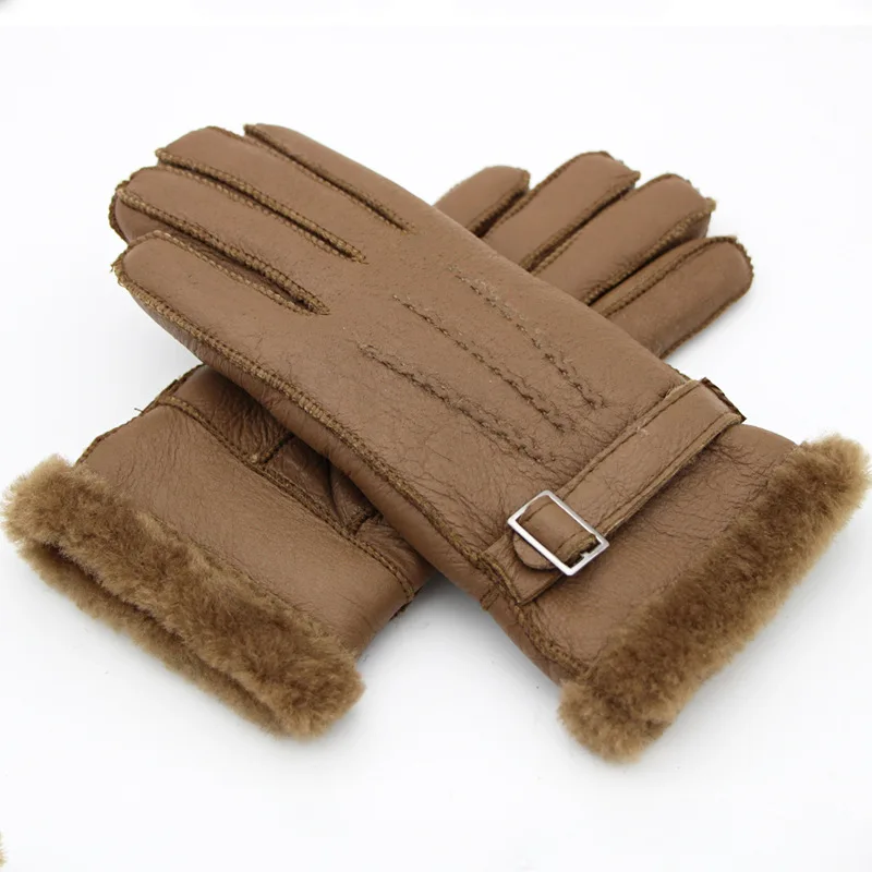 

Winter Thick Leather Warm Gloves with Integrated Fur for Men and Women Sheepskin Gloves with All Fingers and Sheep Shearing Wool