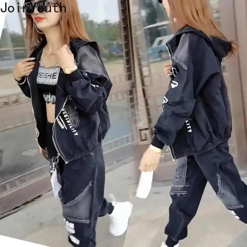 Women\'s 2 Piece Clothes Sets Fashion Jeans Denim Coat Clothes Oversized Hooded Jacket Pants Outfits Korean Women Two Piece Set