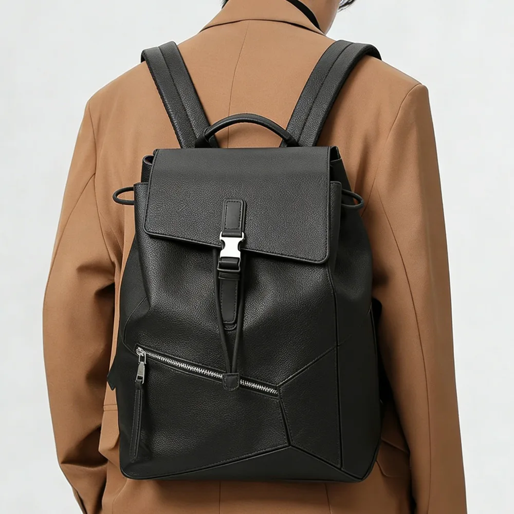 Luxuriöser Lederrucksack für Herren, Modischer Schnallenverschluss-Rucksack, Business-Laptop-Tasche, Große Kapazität, Reisetaschen, Schultaschen – Detail 6