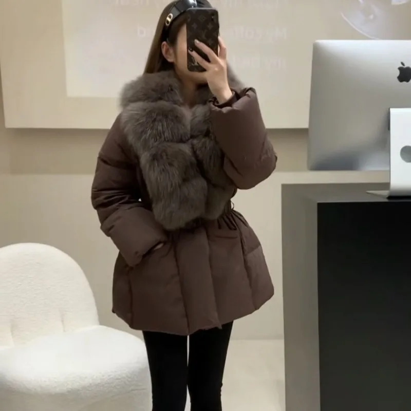 Luxury Fox Fur Collar Winter Warm Down Jacket Women Slim Loose Waistband Trend Fur Coat Short Puffer Jacket White Duck Down Top