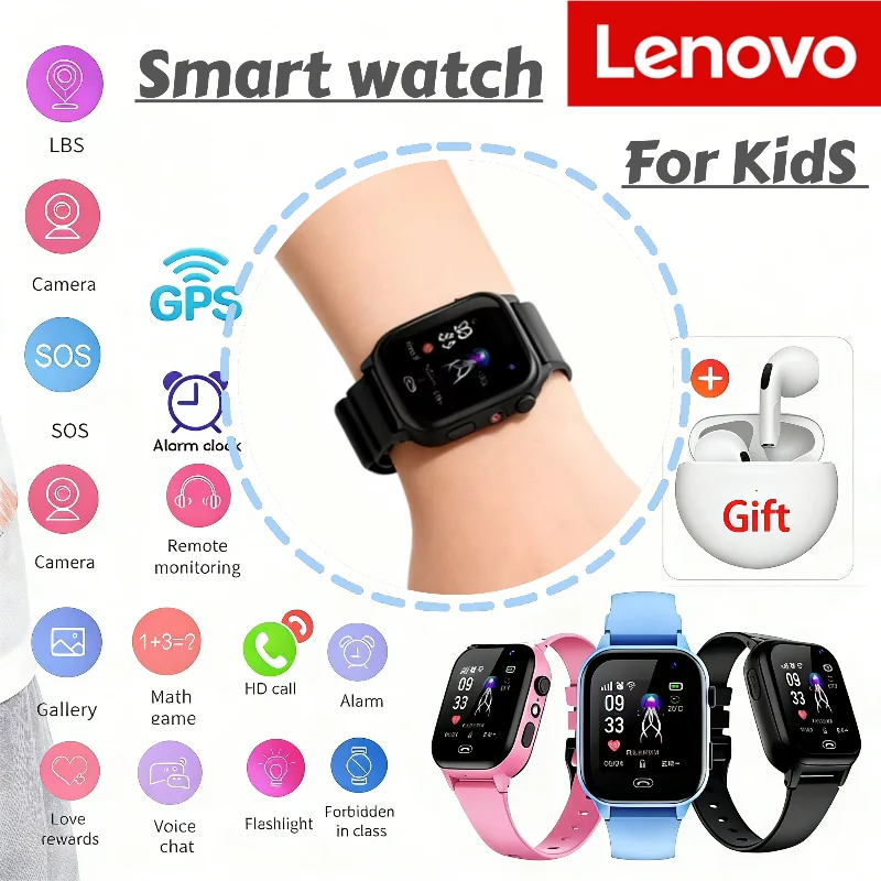 Lenovo Kids Smart Watch Earphones Q15C SOS Wifi GPS Location Video Call Electronic Watch Card Camera Waterproof School For Gift