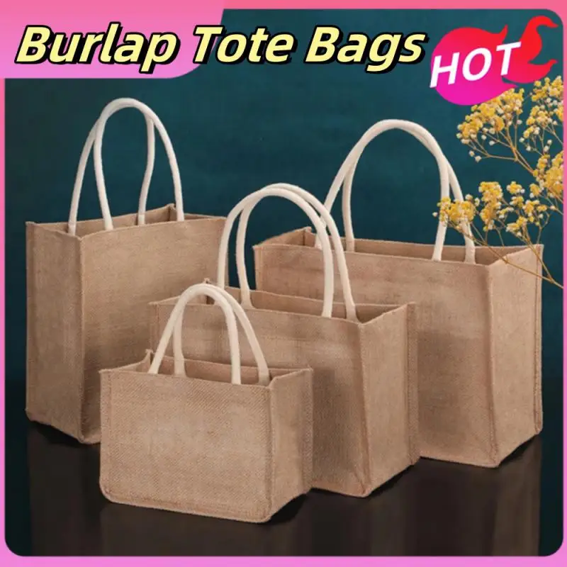 Burlap Jute Tote Bag Vintage Reusable Grocery Shopping Wedding Birthday Gift Bag Handmade Handbags Multifunctional Flax Tote