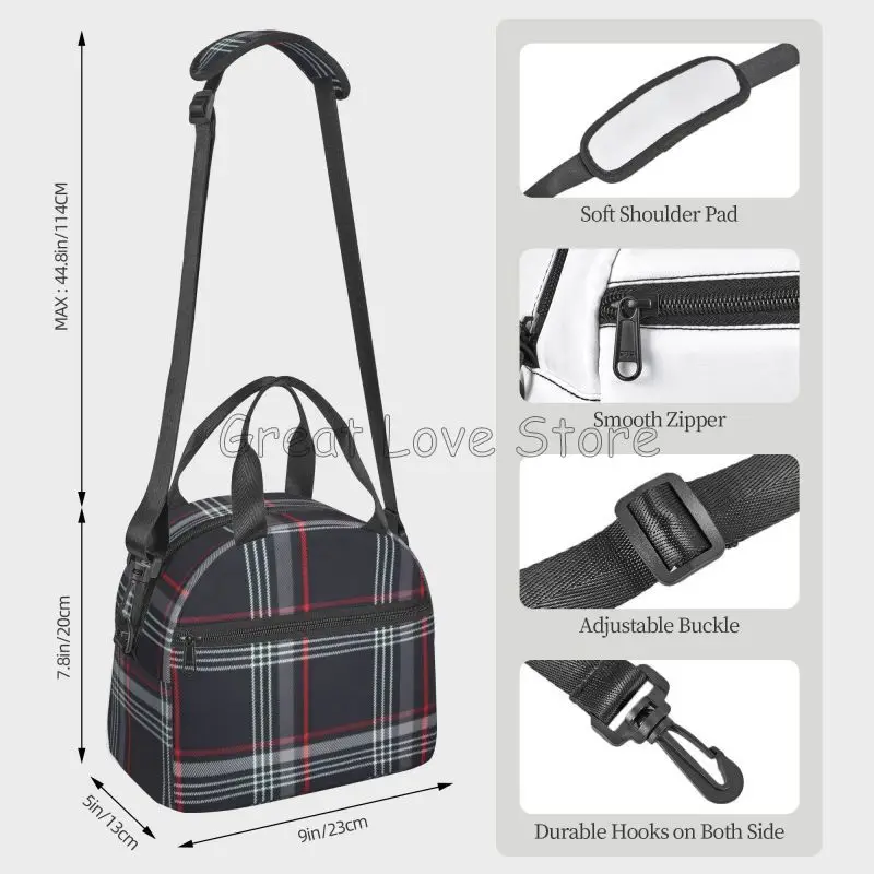 Custom GTI Tartan Insulated Lunch Bag Portable Thermal Lunch Box for Work Travel Reusable Bento Tote with Adjustable Shoulder