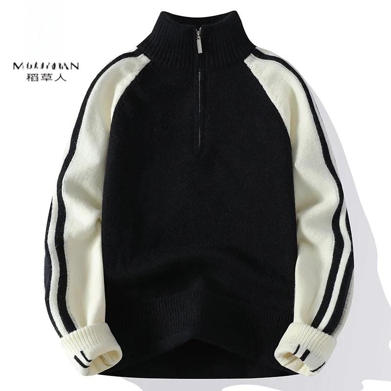 

American Retro Splice Thiened Pure Color Autumn Winter Knitted Sweater Zipper Casual Faion Street Sle for Youth Men's Wear
