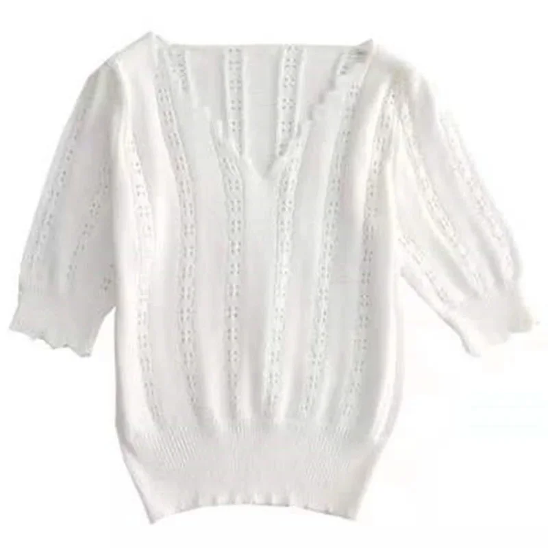 Blouses Top Femme Short Sleeve See Through Knitted Blouse Women Blusas Mujer De Moda Hollow-out V-Neck Pullover Shirts