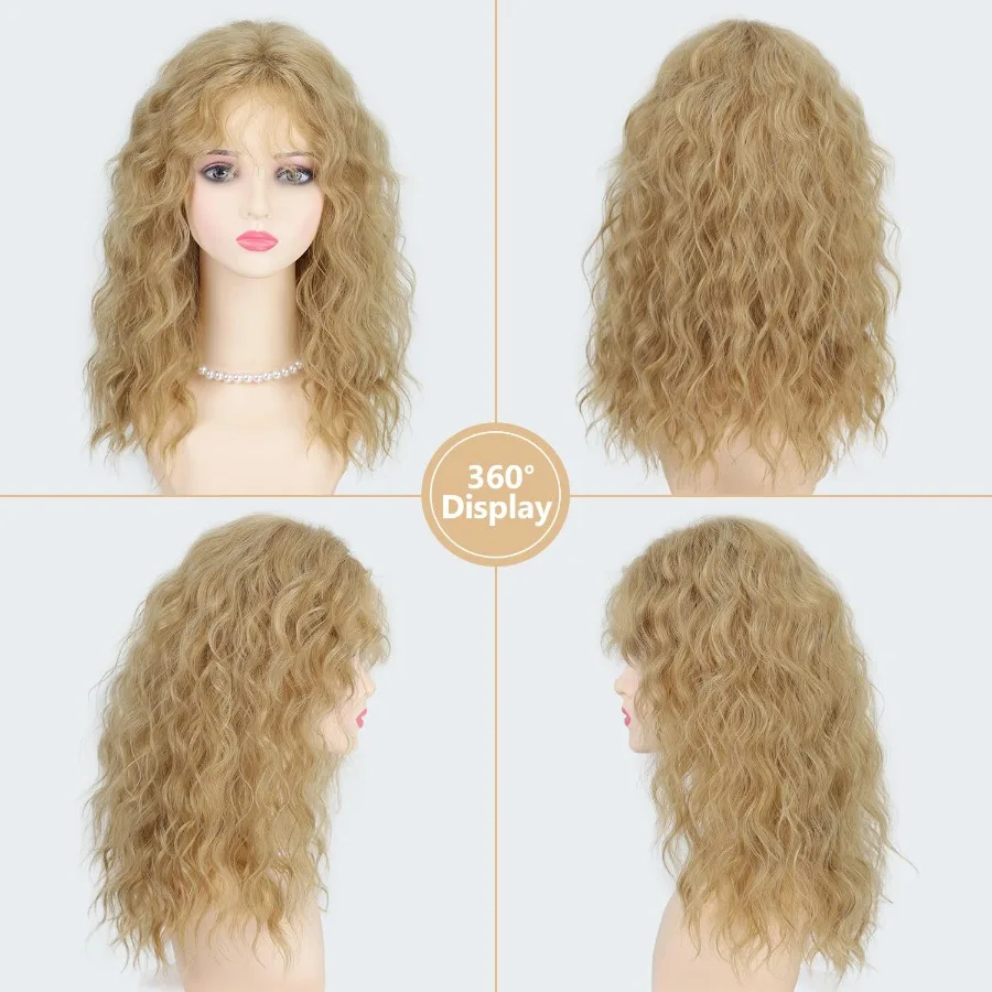 باروكات أشقر طويلة مموجة مع غرة للنساء: باروكات شعر صناعية مجعدة طبيعية متوسطة الطول مثالية لأزياء الهالوين التنكرية