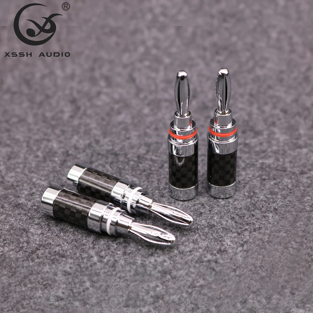 Konektor Pisang GuangZhou YIVO XSSH Colokan Listrik Rhodium Berlapis Kuningan Serat Karbon OEM untuk Kabel Speaker Diameter Maksimal 5Mm