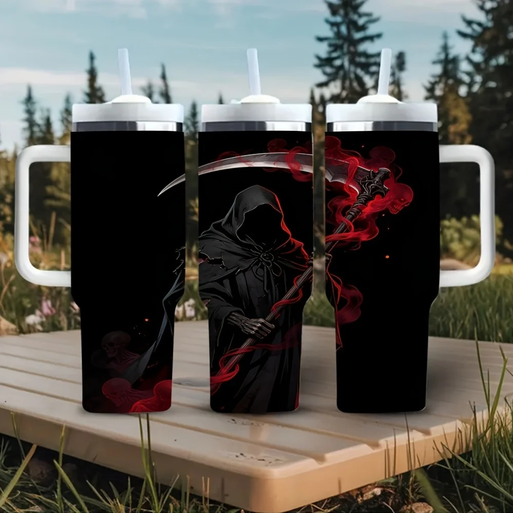 40Oz Grim Reaper Print Tumbler with Handle, Suitable for Horror Style Lovers, Perfect for Daily Use And Outdoor Trips, Works for Both Hot And Cold Drinks for All Occasions
