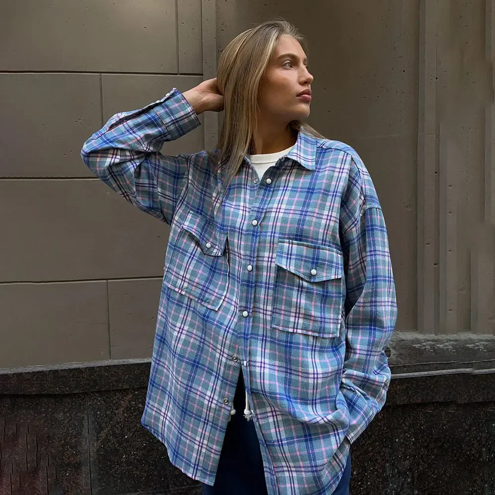 Women\'s Vintage Double-Pocket Blouse, Plaid, Striped, Mid-length, Casual, Loose, Check, Female Clothes