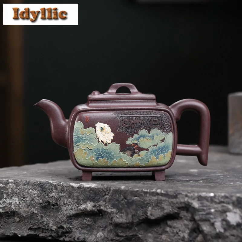 520ml Antique Yixing Purple Clay Teapots Handmade Square Pot Raw Ore Azure Purple Mud Tea Infuser Kettle Zisha Tea Set Supplies