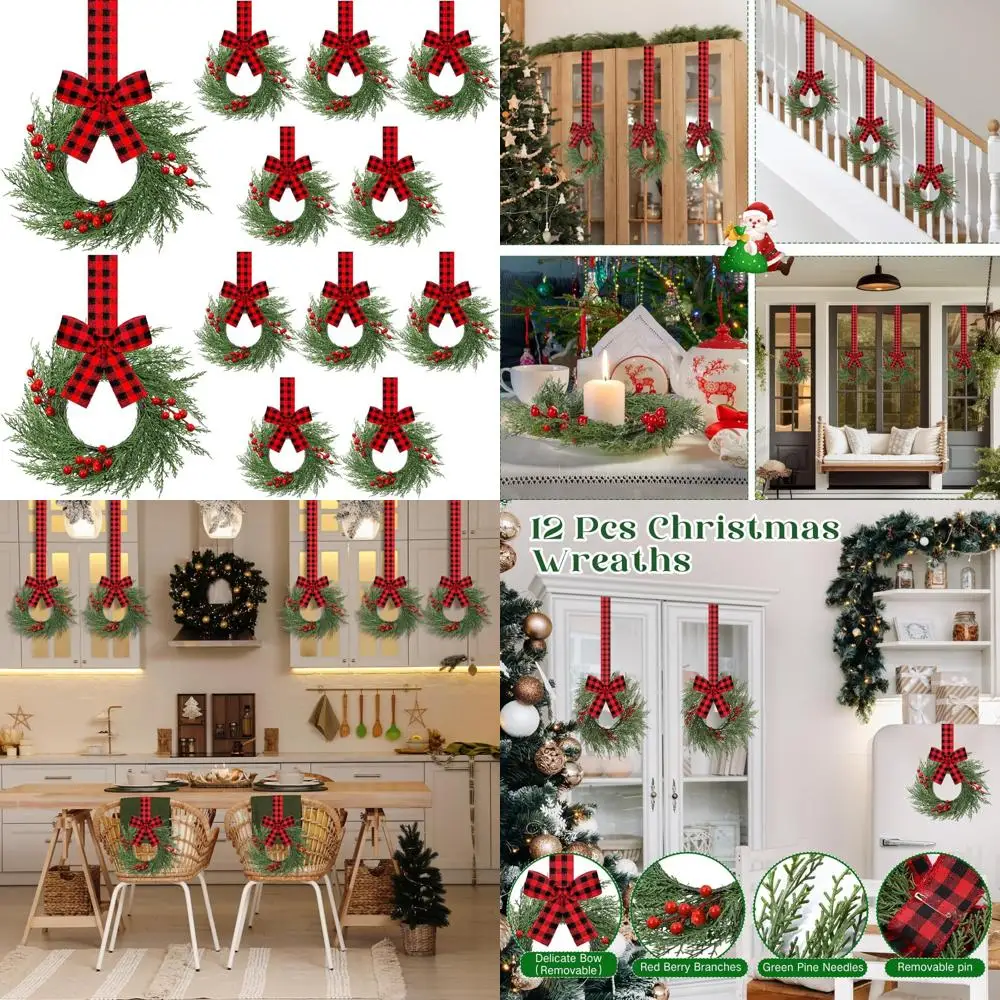 

Мини-рождественские венки из искусственной зелени — набор из 12 маленьких подвесных венков для кухонного шкафа с клетчатыми лентами-бантами