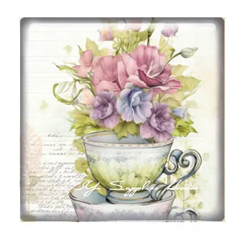 커피 컵 찻잔 수국 꽃 사각형 사진 유리 카보숑 플랫백 데모 플랫 백 카메오, DIY 주얼리 제작용, 로트당 10 개