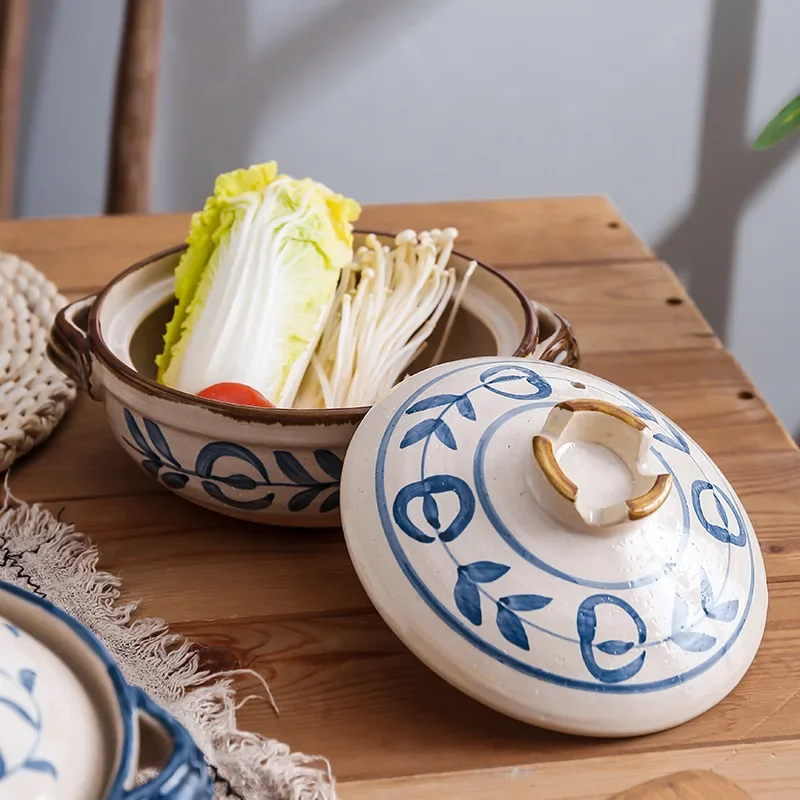 Japanese Hand-painted Blue Seaweed  Clay Pot Cooking Rice Little Pan Rice Soup Porridge Clay Pot