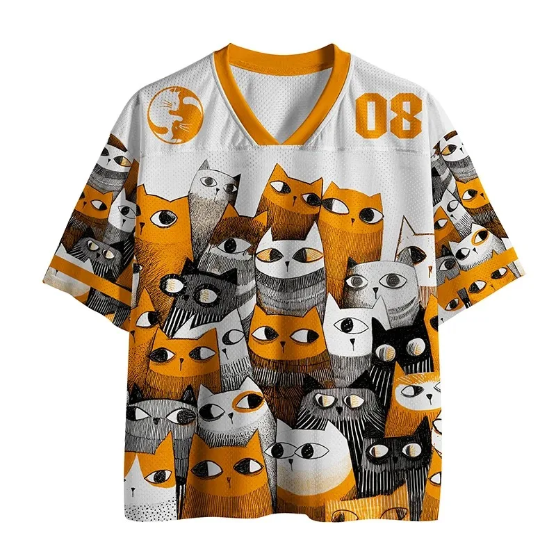 Abstract Cat Sketch Print V-Neck T-Shirt — Casual Top Featuring Hand-Drawn Artistic Style and Cute Street-Style Animal Graphics
