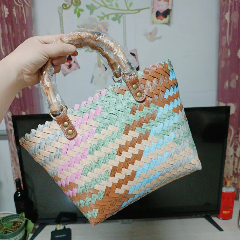 Meet You Colorfull  Hand-woven Pvc Straw Bag Fake Bamboo Handle Design Women's Tote Bag Beach Seaside Holiday Travel Handbag