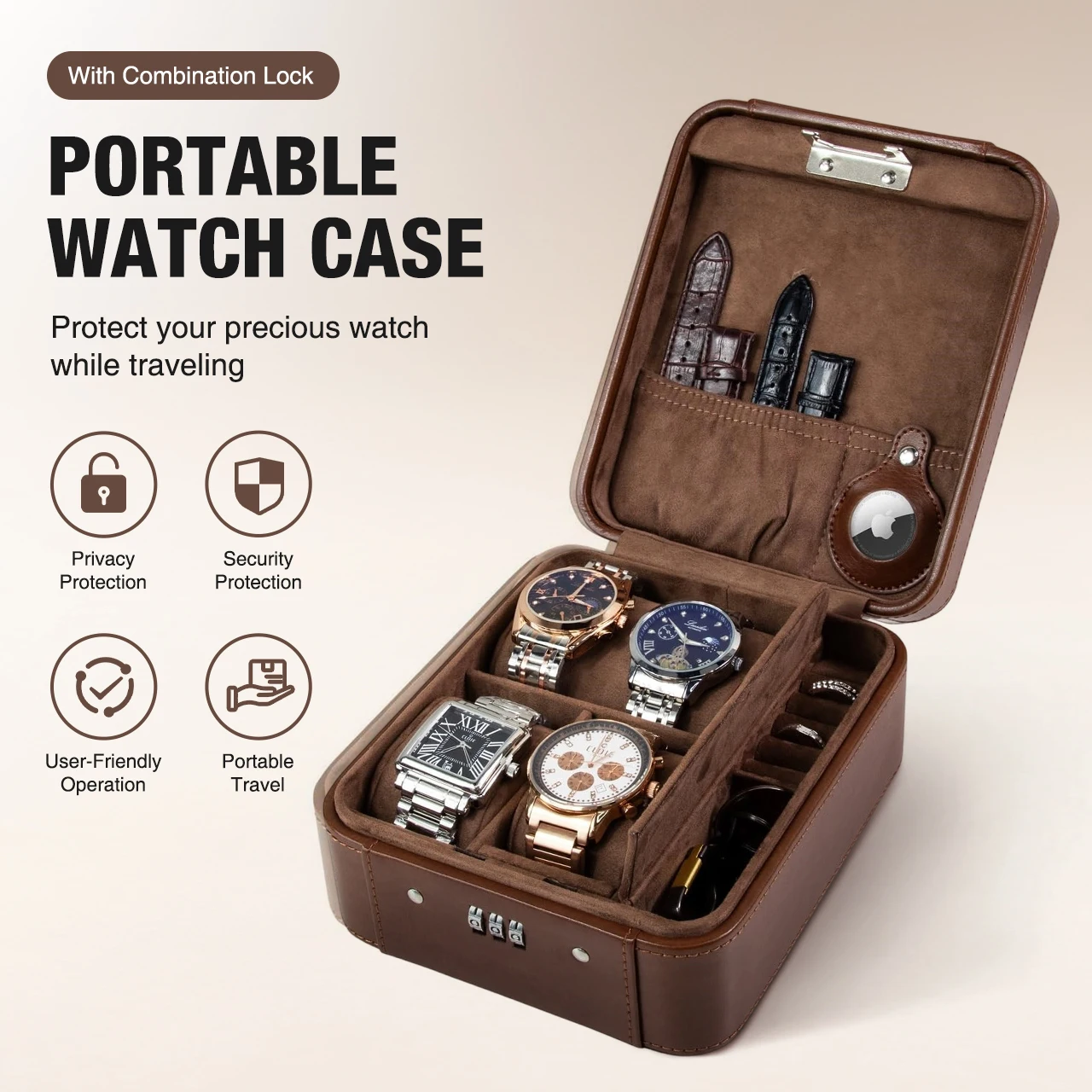 

Watch Travel Case with Combination Lock 4 Watch Storage Jewelry Organizer for Ring PU Leather Travel Watch Case Gift for Men
