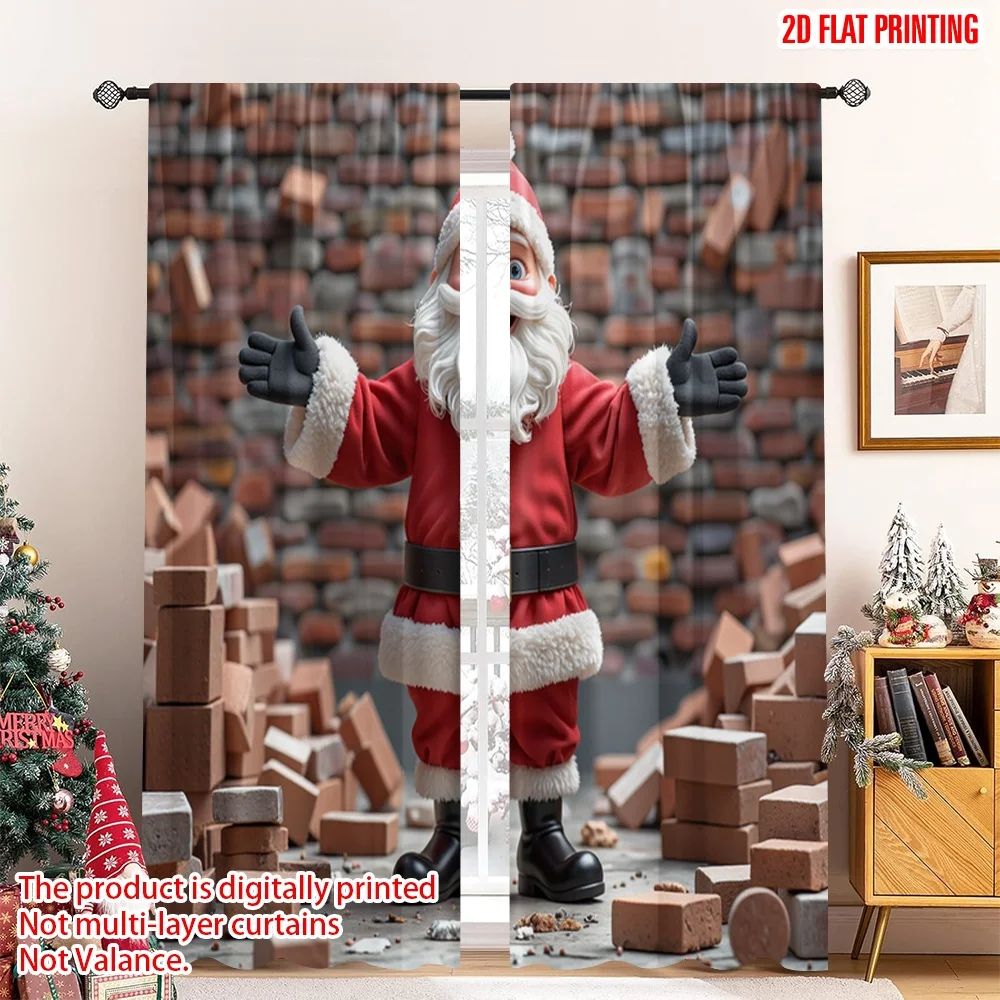 

2pcs 2D flat printing Christmas Party Curtain Santa Breaking Through Wall Polyester Without Electricity Party Decorations Use