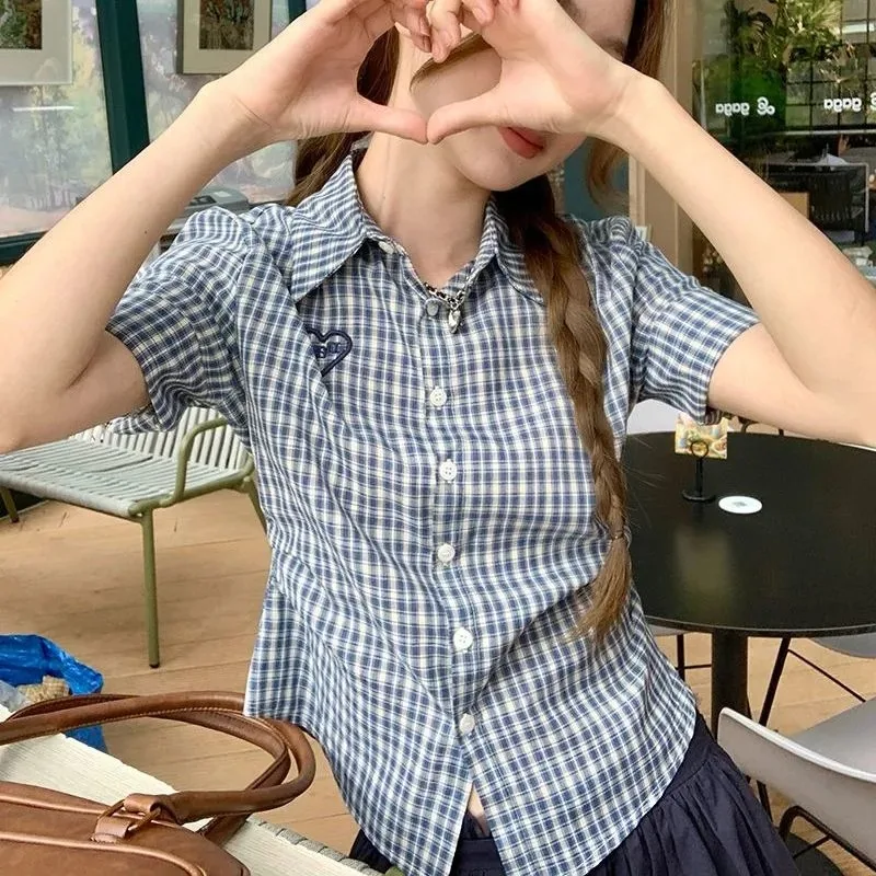 

Women's Blue White Plaid Turn Down Collar Short Sleeve Heart Embroidered Button Down Shirt