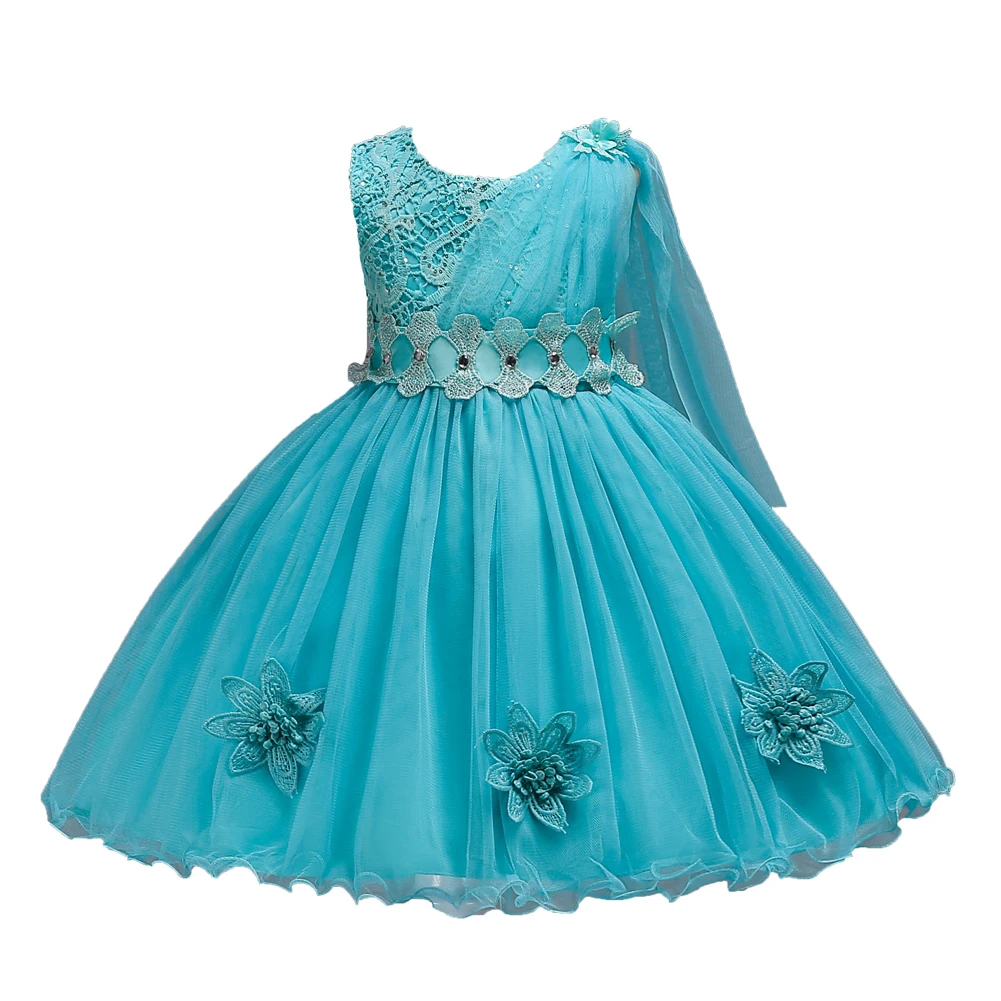 Q150 Blue children flower girl princess dress sleeveless mesh knee length dress 2 to 9Year birthday party stage performance Wear