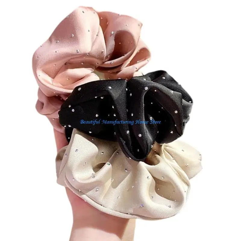E56A 3PCS Französische Stile Rassestones Scrunchie Eleganter Pferdeschwanzhalter mit Rüschenstoff Fashion Hair Accessoires für