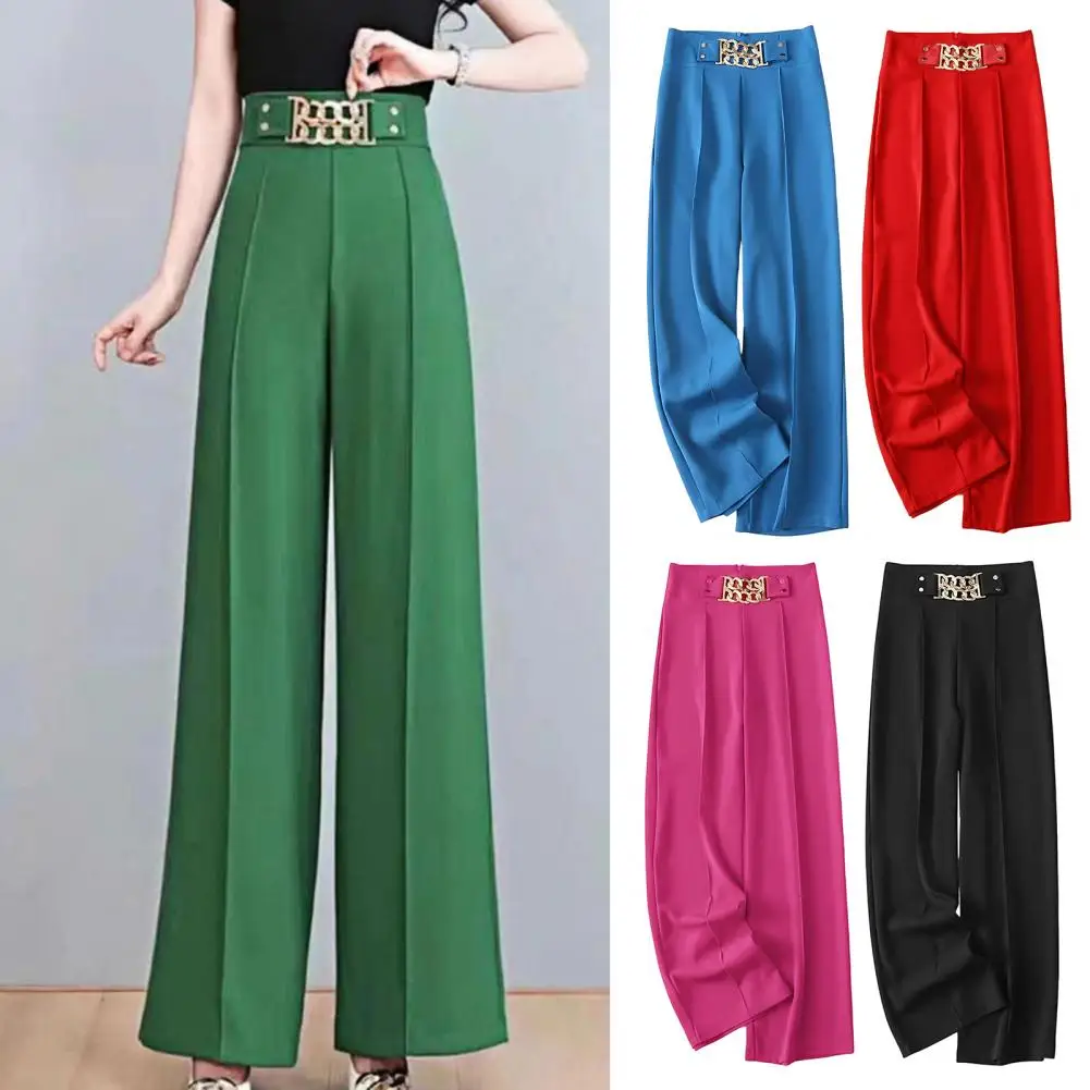 

Wide-leg Pants Elastic Waist Wide-leg Pants Elegant High Waist Wide Leg Suit Pants with Chain Detail Pockets for Women