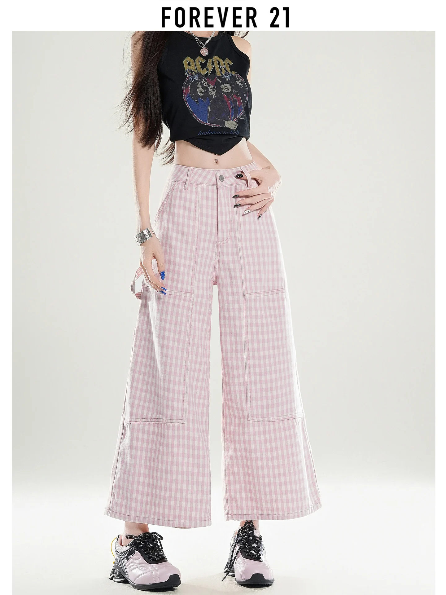 Pantalones Casuales a Cuadros Rosa Dopamina de Forever 21, Pantalones Vaqueros de Mezclilla Rectos y Ajustados de Cintura Alta para Mujer, Pantalones Anchos de Verano