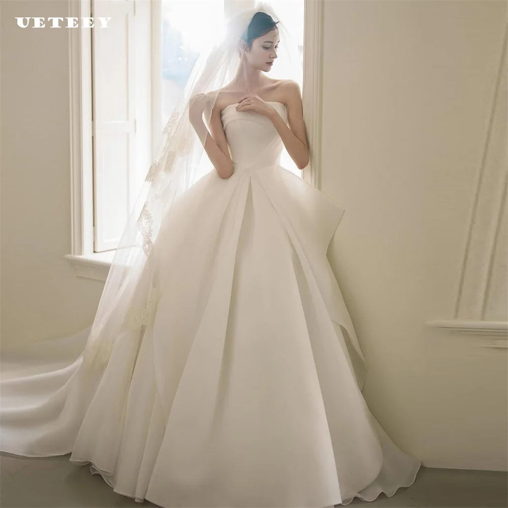 

UETEEY Customized Korea Simple Strapless Organza Pleat A Line Wedding Dress Ruched Lace Up Back Floor Length Bridal Gown